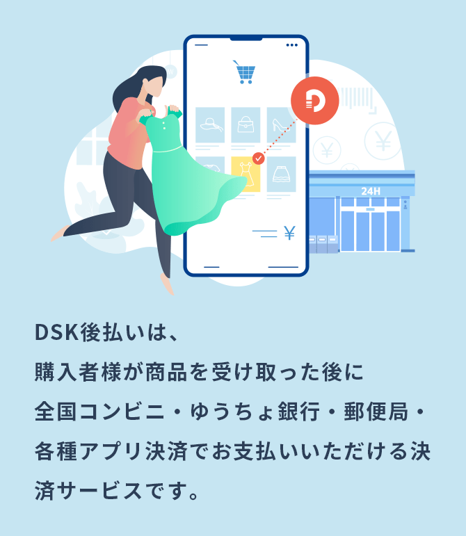 DSK後払いは、購入者様が商品を受け取った後に全国コンビニ・ゆうちょ銀行・郵便局・各種アプリ決済でお支払いいただける決済サービスです。